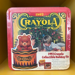 Vintage 1992 Crayola Collectible Holiday Tin with Ornament and 64 Crayons - Sealed