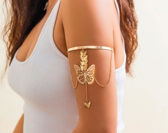 Bracciale a catena in oro, bracciale penzolante con farfalle, accessorio unico per il corpo, divieto di braccio in argento, gioielli per amanti dello yoga, regalo per la moglie, regalo per lei