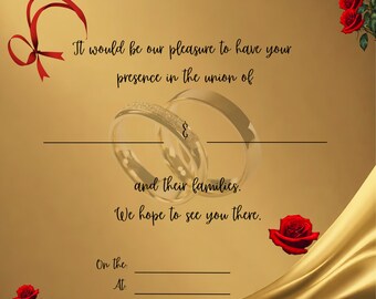 Gold wedding, Gold and red wedding invitation, Rose wedding, Wedding invite with roses