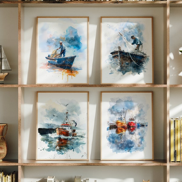 Set of Eight Beautiful Fishing Sailing Boat Watercolor Prints, Gallery Wall Set, Nautical Home Decor, Art Print, PRINTABLE art