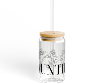 16oz Auntie Sipper Glass | Fun Aunt Gift | Perfect for Iced Coffee, Cocktails & More | Cute Floral Design, Reusable Glass for Cool Drinks