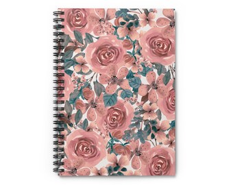 Full Floral Skinny Spiral Notebook; Pink Rose Blossom Journal; Teen Flower Note Taking Ring Spiral; Spring Gift for Her