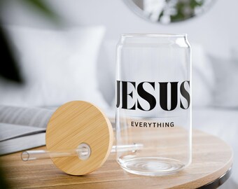 Jesus Sipper Glass, 16oz Religious Gift, Hot or Cold Drinks; Perfect for Home, School, Church and Outdoor Use, Natural Wooden Lid Drinkware