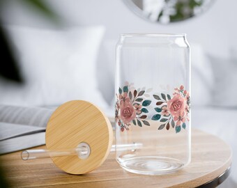 Spring Floral Sipper Glass, 16oz Pink Blossom Reusable Beverage Cup