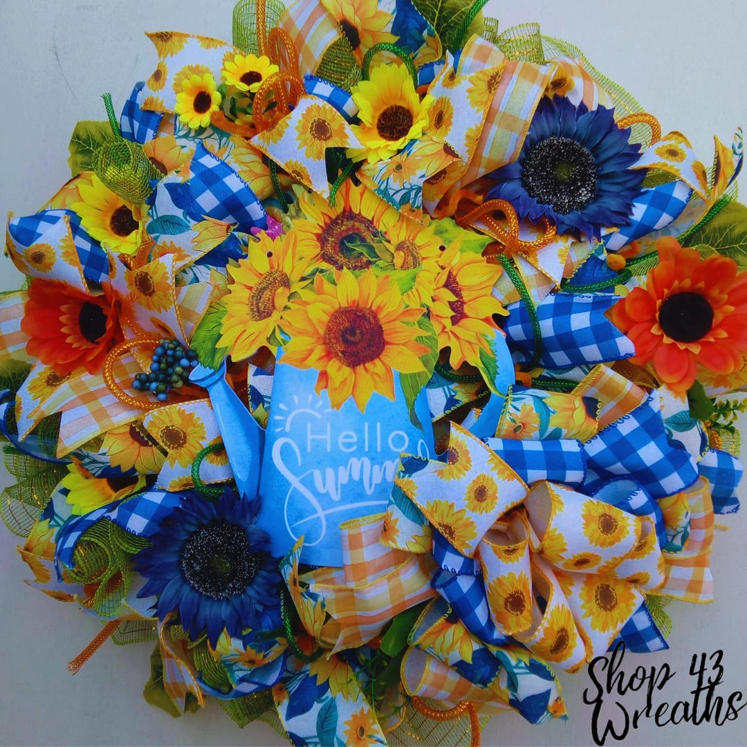 Blue Summer Sunflowers Watering Can Wreath | Summer Wreaths | Sunflower ...