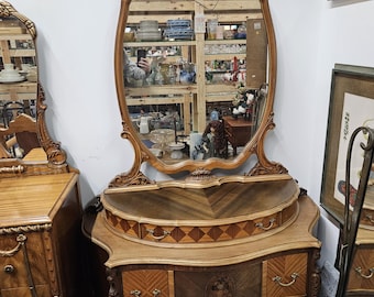 Antique Art Deco Wood Vanity with Carved Mirror, 1930s, with a drawer
