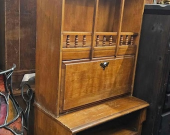 Vintage Solid Wood Secretary Hutch, Drop-Down Writing Desk, Colonial China Cabinet