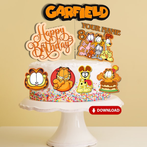 Name & Age Editable Garfield Custom Cake Toppers, Orange Cat Name Cake Topper Happy Birthday Garfield Stickers, Cartoon Film Cupcake Toppers