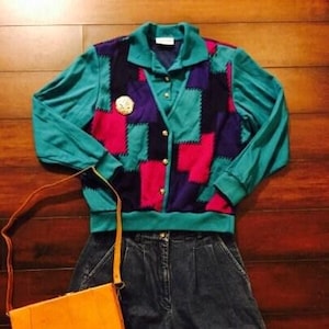 Vintage 1980's Alfred Dunner Teal Patchwork Pull Over Collared Silver Button Top Sz M