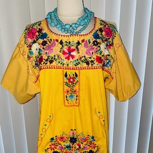 Vintage Boho Mexican Floral Embroidered Yellow Short Sleeve Cotton Dress Sz 2x