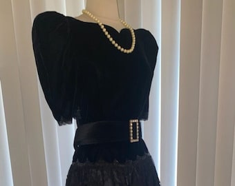 Vintage 1980's SCOTT McClINTOCK Black Velvet n Lace Short Sleeve Formal Prom Party Tea Length Dress Sz S