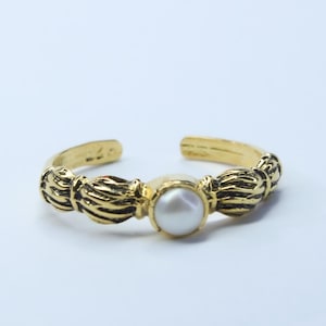 Delicate Pearl Ring 925 Sterling Silver 18K Gold Plated Adjustable Band with Textured Design Gift for Women Girls Daily Wear Dainty Jewelry