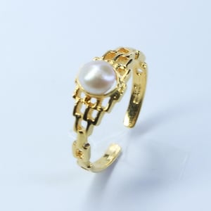 Real Pearl Ring in 18K Gold Plated 925 Sterling Silver Dainty Open Band Adjustable Ring Gift for Women, Minimalist  Jewelry For Girls