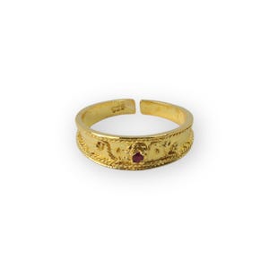Vintage Ruby Filigree Ring: 925 Sterling Silver 18K Gold Plated Adjustable Band July Birthstone