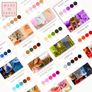 Op de afbeelding: Een verzameling kleurpaletten met namen zoals "Blush Splash", "Fairy Tale", "Looking Lush", "Cool Contrast", "Cupcake Party", "Goth Gal", "Purple Town" en "Getting Hot". Elk palet bevat vijf kleurstalen met hun bijbehorende hex-codes.