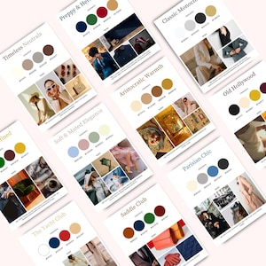Plantillas de paleta de colores y paneles de estado de ánimo con estética Old Money, plantillas prediseñadas, editables con arrastrar y soltar, estilo Old Money, combinaciones de colores