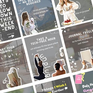 Könnte beinhalten: Eine Collage von Social-Media-Posts mit grauem Hintergrund und weißem Text. Die Beiträge bieten Tipps zum Entschleunigen, eine technikfreie Stunde und zum Führen eines Tagebuchs. Zu den Bildern gehören eine Kaffeetasse, eine Frau mit Blumen und eine lesende Person.