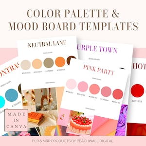 Tableros de estado de ánimo, paleta de colores, plantilla de marca, plantilla de Canva, PLR y MRR, plantillas personalizables, arrastrar y soltar, plantilla editable, Canva