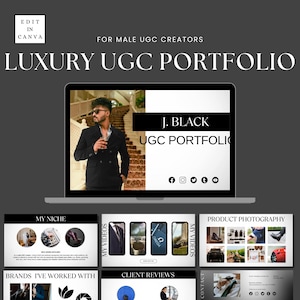 May include: A laptop screen displaying a portfolio for a luxury UGC creator. The portfolio includes a headshot of the creator, a section for client reviews, and a section for product photography. The text on the screen reads "J. Black UGC Portfolio".