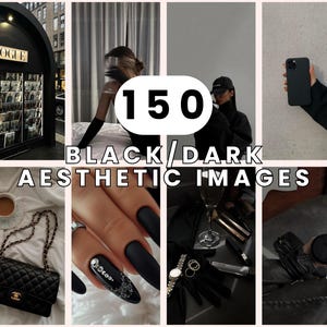 Könnte beinhalten: Eine Collage von Bildern mit einer schwarzen und dunklen Ästhetik. Die Bilder zeigen eine schwarze Handtasche, eine Hand mit schwarzem Nagellack, eine Person mit schwarzem Hut und Jacke, ein schwarzes Telefon und eine schwarze Kaffeetasse.