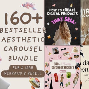 May include: Aesthetic carousel bundle graphic with the text "160+ Bestseller Aesthetic Carousel Bundle" and "PLR & MRR Rebrand & Resell." Includes images of a pink camera, flowers, and digital product examples. The image also includes the text "How to Create Digital Products That Sell."