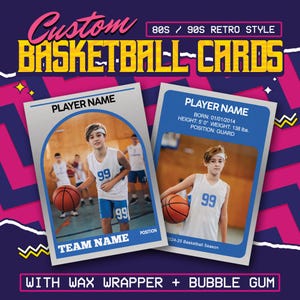 Tarjetas de baloncesto retro personalizadas (estilo años 80 y 90). Incluye envoltorio de cera y chicle. Regalo deportivo o souvenir.