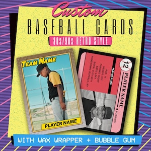 Cartes de baseball rétro personnalisées - Style années 80/90 avec papier d'emballage en cire et chewing-gum | Cadeau sport, souvenir