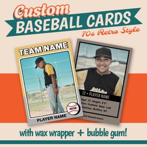 Cartes de baseball rétro personnalisées - Style années 70 avec papier d'emballage en cire et chewing-gum | Cadeau sport, souvenir