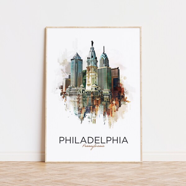 Philadelphia City Art, Watercolor Philadelphia Travel Print, Pennsylvania Gift, Philadelphia Digital Art, Pennsylvania Wall Art