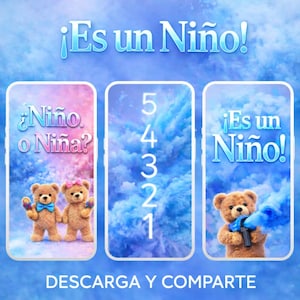 May include: A digital graphic with the text "¡Es un Niño!" and "¿Niño o Niña?" Three phone-shaped graphics show teddy bears and a countdown. The background is a blue and white cloudy design. The text "DESCARGA Y COMPARTE" is at the bottom.