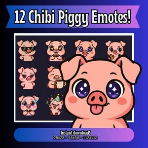 12 Cute Piggy Twitch Emotes Pack, Adorable Chibi Pig Stream Emotes for Twitch and Discord, Instant download