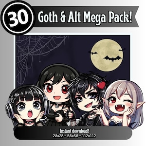 Goth & Alt Mega Emote Pack – 30 Chibi Twitch Emotes – Goth Girl, Goth Boy, Vampire – VTuber, Discord, Streamer Emojis