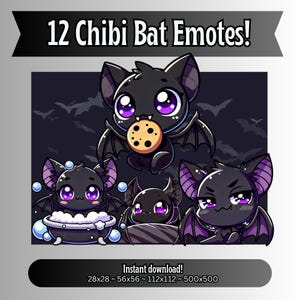 Emote di pipistrello per Twitch, Kick, YouTube e Discord / Pacchetto di emote PNG Chibi carini / Grafica per chat in streaming / Download immediato