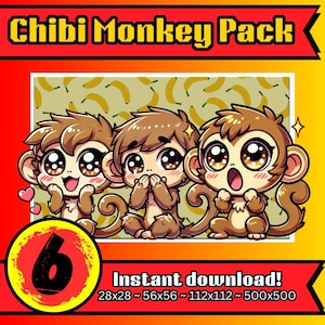 Chibi Monkey Emotes for Twitch, Discord, Kick & YouTube | Cute Jungle Animal Streamer Pack | Monkey PNG Download | 6-Pack Instant Download