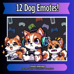 Emotes de chien pour Twitch, Kick, YouTube et Discord | Pack d'émoticônes PNG Chibi mignon | Graphismes Gamer Dog Stream | Téléchargement instantané