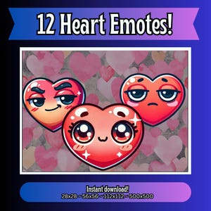 12 Heart Emotes | Cute Chibi Twitch Emotes for Streamers | Kawaii Love Emoji Pack | Romantic Discord Stickers | Valentine Chat Emotes