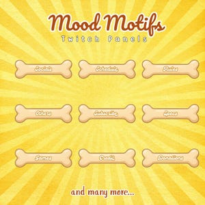May include: A graphic featuring Twitch panels with a bone-shaped design. The panels include labels like "Socials," "Schedule," "Rules," "Others," "Subscribe," "Specs," "Games," "Credit," and "Donations." The background is yellow with a sunburst pattern.
