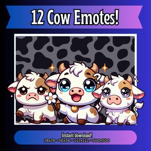 12 uroczych emotikonów krowy Twitch - Chibi Emotes dla Twitch i Discord, natychmiastowe pobranie
