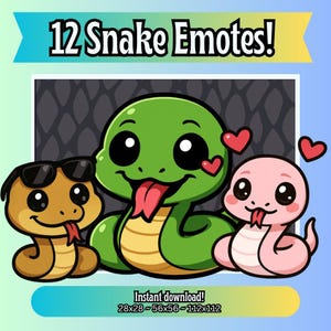 12 Snake Twitch Emotes Pack | Cute Streaming Emotes | Chibi Snake Emoji Set | Gaming Discord Stickers | PNG Digital Download
