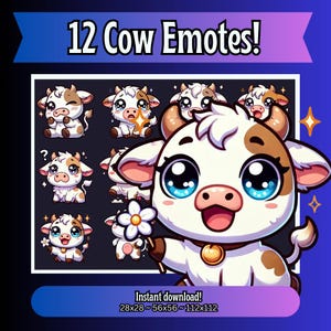 12 Cute Cow Twitch Emotes Pack - Chibi Emotes for Twitch and Discord, Instant Download