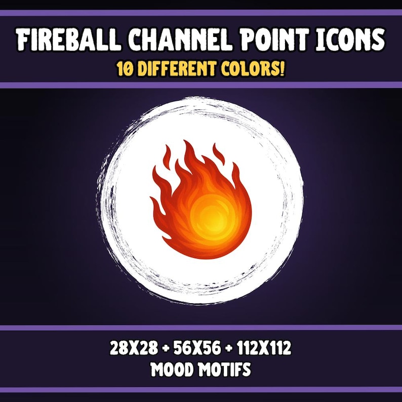 Main thumbnail showing a bold orange fireball icon centered on a white textured glow background with purple frame, labeled with sizing and Mood Motifs branding.