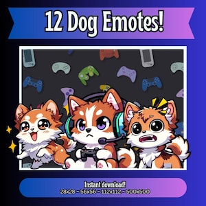 Emotki psów na Twitch, Kick, YouTube i Discord | Uroczy pakiet emotikonów Chibi PNG | Grafiki strumieniowe Gamer Dog | Natychmiastowe pobieranie