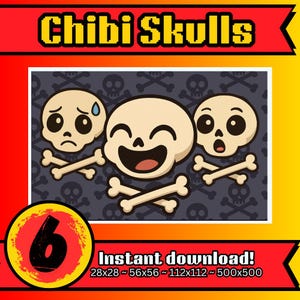 6 Chibi Skull Twitch Emotes: Funny Stream & Discord Emoji Pack (Instant Download)