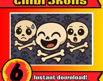 6 Chibi Skull Twitch Emotes: Funny Stream & Discord Emoji Pack (Instant Download)