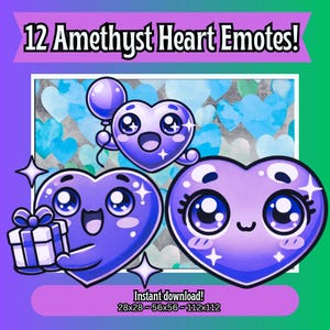 12 Cute Amethyst Heart Twitch Emotes Pack - Amethyst themed Chibi Love Heart Emotes for Twitch and Discord, Instant Download