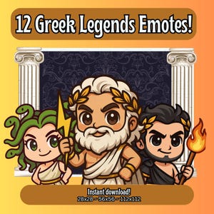 Paquete de 12 emoticones de leyendas griegas / Set de Twitch de dioses griegos chibi / Stickers de Discord de dioses míticos / Recursos de streaming / Descarga digital PNG