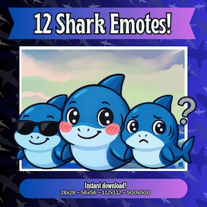 Shark Emotes Pack | Cute Kawaii Shark Twitch Emotes | Streaming Emotes for Discord YouTube Kick | Chibi Shark PNG Emotes