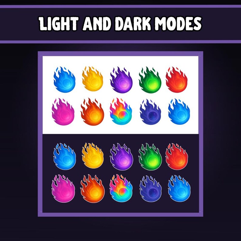 Grid image previewing all 10 fireball icons on light and dark backgrounds to demonstrate visibility across Twitch themes. Includes colors like red, blue, green, purple, and rainbow.