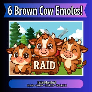 Emotes vache brune | Emotes Twitch vache chibi | Pack d'émoticônes Discord d'animaux mignons | Ensemble d'émoticônes de streamer pour Kick YouTube