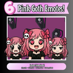 Pink Goth Emotes Pack | Chibi Gothic Girl Twitch Emotes | Discord Kick YouTube Stickers | Cute Goth PNGs for Streamers